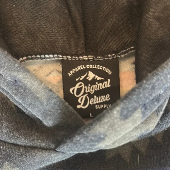 Aztec Mens Pattern Blue Black Pullover Hoodie Southwestern Tribal Sweatshirt L - Picture 4 of 5